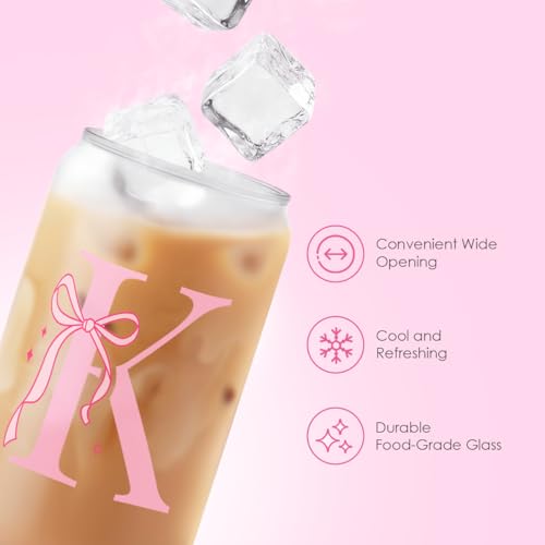 SANDJEST Monogrammed Glass Drinking Can Cup with Acrylic Lid and Straw, Personalized Frosted Iced Coffee Tumbler 16oz, Monogram Initial Gifts for Women Girls on Birthday (K) - color: K