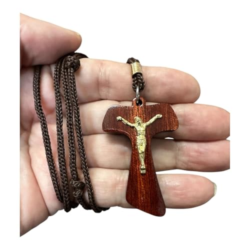 Catholica Shop Saint Francis Wooden Tau Cross Rope Necklace - 1.6 Inch - style: Crucifix