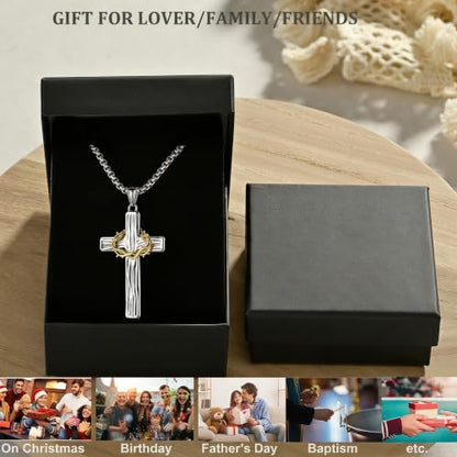 MOOSKI Cross Necklace for Men 316L Stainless Steel Crucifix Jesus 24" Chain - color: Silver-gold