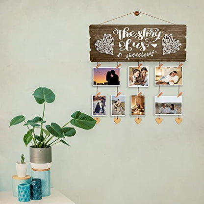 Newlywed Pictures Hanging Board with Clips and Twines, the Story of Us - color: burned wood