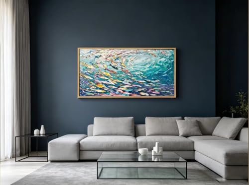 KIRFOLUC Abstract Ocean Wall Art, Large Framed Textured Print Painting - color: Fish, size: 32"L x 16"W