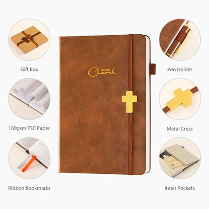 Church Notes Journal with Pen & Gift Box, A5 Sermon Notes Notebook - color: Brown