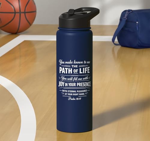 Psalm 16:11 Path of Life Bible Verse Scripture Faith Prayer Stainless Steel Insulated Water Bottle - color: Navy Blue