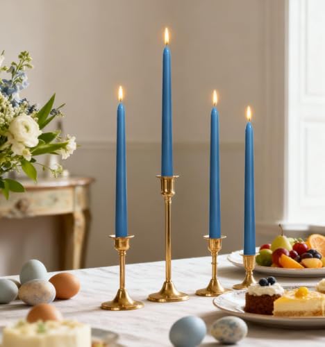 12-Pack Taper Candles (10-Inch) – Dripless & Smokeless Long Burning (8 Hours) – Unscented Hand Poured Wax Candlesticks for Weddings, Dinner Parties, & Home Decor (Blue) - color: Blue