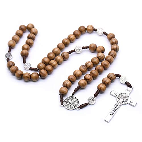 Handmade Wooden Resin Crucifix Rosary Beads Chain Pendant Necklace Colorful Love Heart Catholic Cross Virgin Mary Jesus Necklace for Women Men Religious Lord Praying Jewelry Gift - color: D brown