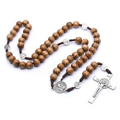 Handmade Wooden Resin Crucifix Rosary Beads Chain Pendant Necklace Colorful Love Heart Catholic Cross Virgin Mary Jesus Necklace for Women Men Religious Lord Praying Jewelry Gift - color: D brown