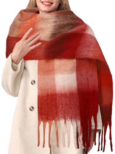 HOTIAN Women's Large Scarf Colorful Chunky Plaid Scarves Soft Winter Thick Tassel Warm Wrap Shawl - color: Reddish Brown