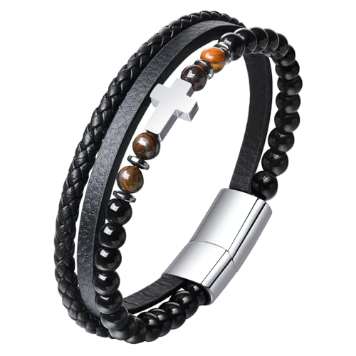 Mens Cross Bead Braided Genuine Leather Bracelet, Black Gemstone Agate Onyx Beaded Rosary Obsidian Bangle, Faith Religious Easter Catholic Christian Communion Baptism Christmas Jewelry Gift for Men - color: 02 Silver
