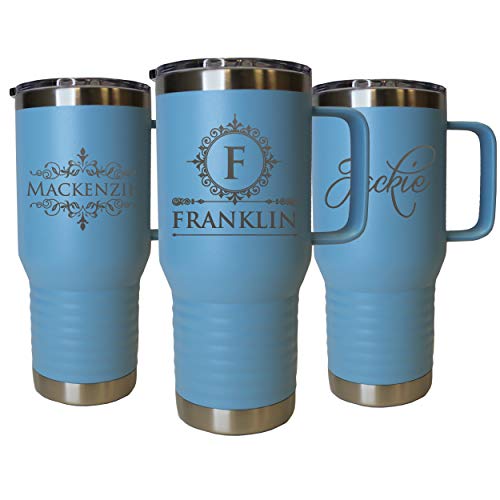 The Wedding Party Store Custom Personalized 20 oz Stainless Steel Powder Coated Vacuum Insulated Double Walled Travel Tumbler Coffee Mug with Handle and Lid (Carolina Blue) - color: Carolina Blue