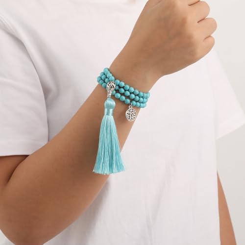 INBLUE 108 Mala Prayer Beads Wrap Necklace with Long Tassel Boho Necklace for Women Amazonite Bead Bracelet with Spiritual Tree of Life Pendant 108 Beads Necklace for Meditation - color: Natural Turquoise