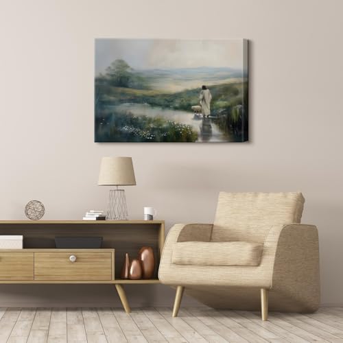 Framed Jesus Wall Art Jesus and Lamb Canvas Wall Decor Christian God Savior Prints Posters Pictures Leaves the 99 Sheep Artwork for Living Room Bedroom Church Wall Decor Ready to Hang 12x16in - color: Green, size: 16"L x 12"W