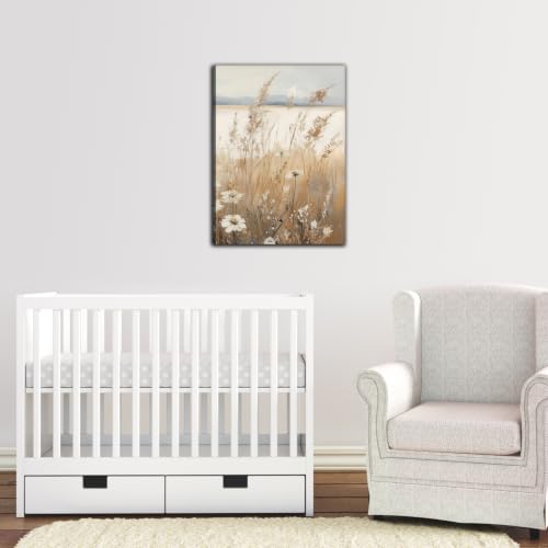 Neutral Beige Wildflower Meadow Wall Art Gallery Wrapped Canvas Prints Vintage Daisy Reeds Landscape Picture Poster for Living Room Bedroom Cozy Farmhouse Artwork Wall Decor Home Gallery Decoration 24x16 Inch - color: Gold; White, size: 24x16 Inch