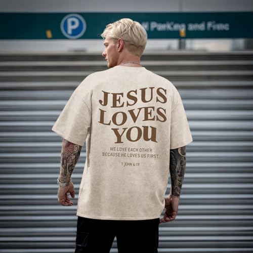 Mens Christian Shirts Jesus is King Love You Tshirt God Faith Religious Bible Verse Oversized Acid Wash Graphic Tees - color: Apricot, size: 3X-Large