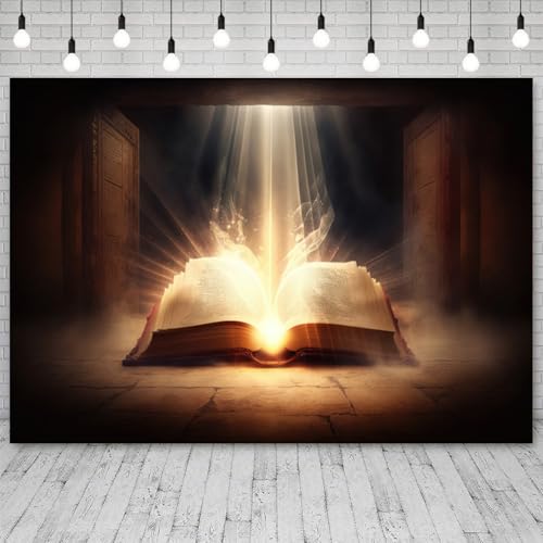 12x8ft Bible Backdrop Holy Glowing Opened Book Photography Background Jesus Christ Christian Religious Belief Church Sanctuary Baby Shower Banner Decorations Easter Portrait Photo Booth Prop - size: 12x8ft