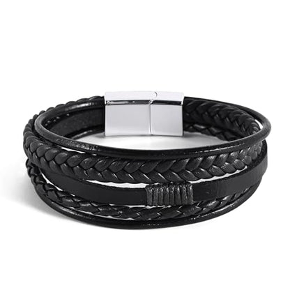 Leather Bracelet for Men Braided Stainless Steel Mens Bracelets - color: Black-SilverBuckle