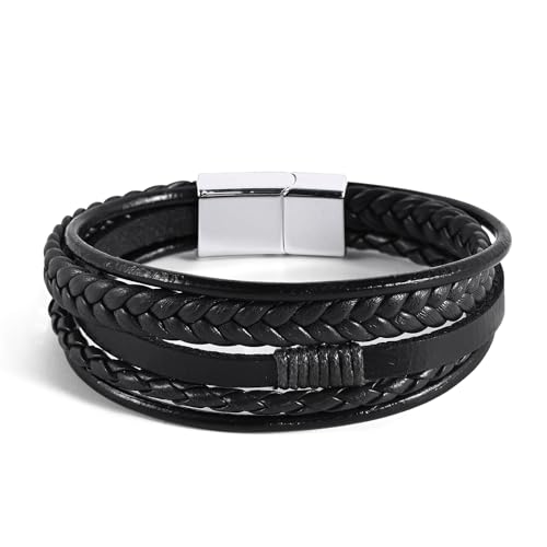 Leather Bracelet for Men Braided Stainless Steel Mens Bracelets - color: Black-SilverBuckle