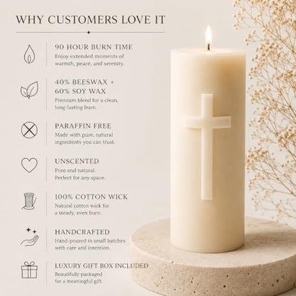 Large Cross Pillar Candle 9x4 Inch | Handmade Beeswax & Soy Wax Candle | Unscented Christian Prayer Candle | Religious Home Decor | Church, Altar & Memorial Candle | 90 Hour Burn Time