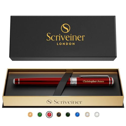 Scriveiner Personalized Deep Crimson Red Rollerball Pen - Stunning Red Lacquer Luxury Pen with Chrome Finish, Schmidt Ink Refill, Engraved Roller Ball Gift Set for Men & Women, Custom Name Engraving - color: Crimson Red with Chrome (Personalized)