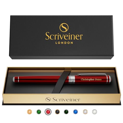 Scriveiner Personalized Deep Crimson Red Rollerball Pen - Stunning Red Lacquer Luxury Pen with Chrome Finish, Schmidt Ink Refill, Engraved Roller Ball Gift Set for Men & Women, Custom Name Engraving - color: Crimson Red with Chrome (Personalized)
