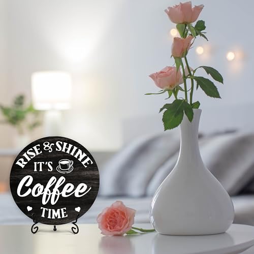 Coffee Themed Decorative Sign, Round Wooden Plaque, 6 Inches, It's Rise & Shine Coffee Time - color: Rise & Shine It‘s Coffee Time
