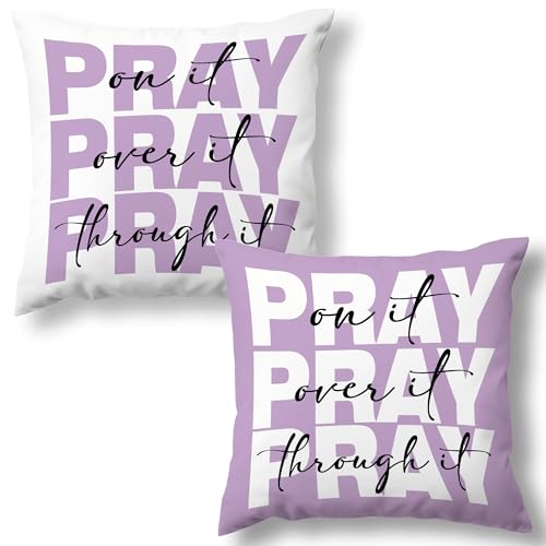 Purple And White Christian Pray Decorative Throw Pillow Covers Set of 2,Bible Verse Pray on over through It Pillows Covers, Preppy Pillow CasesDecor for Prayer Room Couch Bedroom Dorm 18x18in - color: Purple White