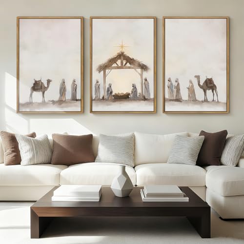 Anyzal Extra Large Jesus Framed Wall Art 24x36 Inch Easter Catholic Nativity Scene Canvas Artwork Christian Religious Birth of Jesus Painting for Living Room Bedroom Dining Room Set of 3 - color: Watercolor Nativity, size: 36"L x 24"W