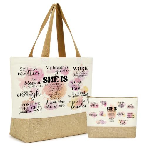 jeilink Inspirational Religious Gifts Boss Mom Birthday Christmas Tote Bag Canvas Reusable Grocery Beach Tote Black Pink - color: Self Care Positive 1747
