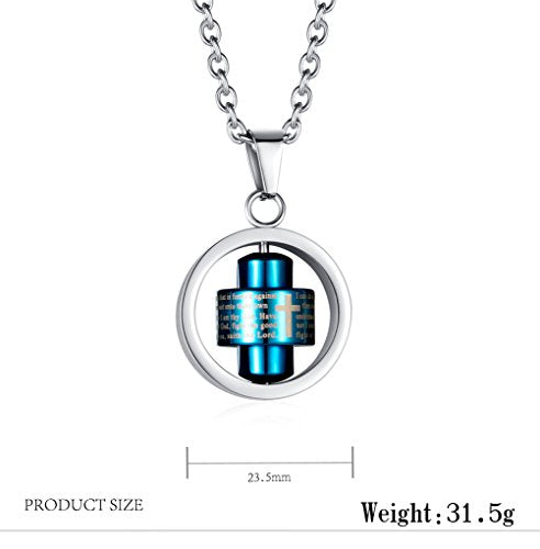 Stainless Steel Bible Verse Christian Lord's Prayer Cross Spinner Charm Pendant Necklace for Men - color: Blue