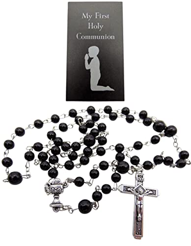 First Communion Rosary Set with Glass Black Beads Metal Crucifix