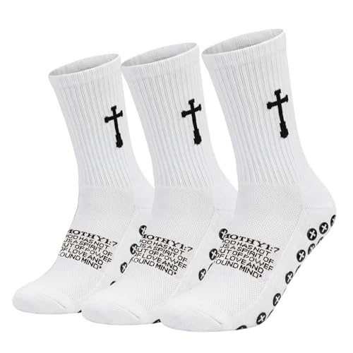 3 Pair Grip Christian Soccer Socks,Easter,Christmas Gift for Men - color: 2 Timothy 1:7 - White
