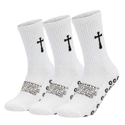 3 Pair Grip Christian Soccer Socks,Easter,Christmas Gift for Men - color: 2 Timothy 1:7 - White