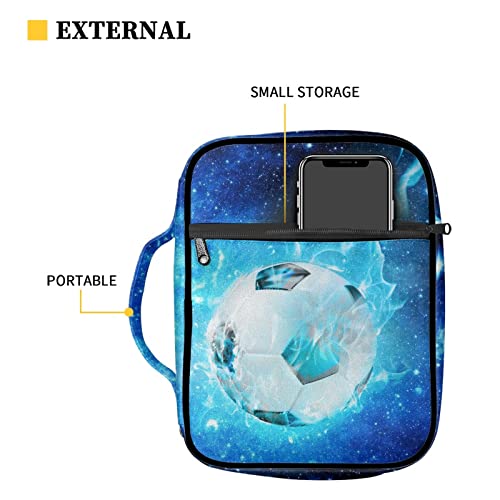 Coldinair Blue Starry Soccer Print Bible Cover for Men Teens Kids Boys,Galaxy Soccer Carrying Book Case Church Bag Bible Bag with Handle and Zippered Pockets - color: Blue Starry Soccer