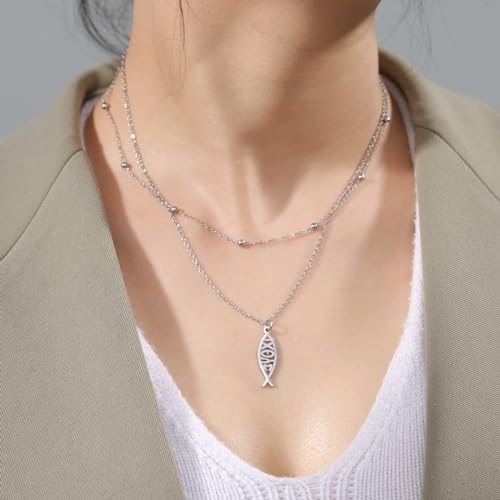 Ichthus Necklace for Women Christian Jesus Fish Necklace Christ Fish Cross Ichthys Pendant Necklace Ichthus Fish Religious Symbol Pendant Christian Jewelry Gift - color: Jesus Fish 2 silver