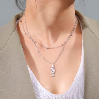 Ichthus Necklace for Women Christian Jesus Fish Necklace Christ Fish Cross Ichthys Pendant Necklace Ichthus Fish Religious Symbol Pendant Christian Jewelry Gift - color: Jesus Fish 2 silver