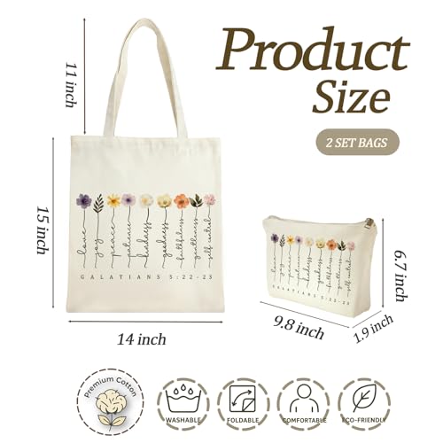 2 Pack Bible Canvas Tote Bag Makeup Bag Women Christian Gifts Reusable Grocery Bags for Shopping Travel - style: Bible Flowers