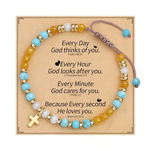 Cross Bracelets for Women Girls, Christian Gifts for Women Natural Stone Beaded Bracelets First Communion Confirmation Baptism Gifts Catholic Easter Christmas Inspirational Gift Jewelry - color: Turquoise - Every Day