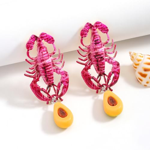 Creative Exaggerated Ocean Animal Drop Dangle Earrings for Women, Bohemia Style Alloy Lobster Octopus Fish Crab Earrings for Summer Beach Holiday Party Jewelry Gifts - style: Pink Lobster Earrings-E