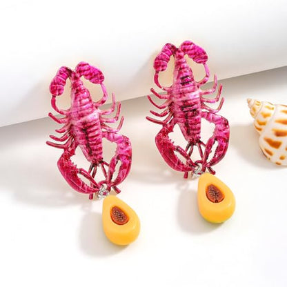 Creative Exaggerated Ocean Animal Drop Dangle Earrings for Women, Bohemia Style Alloy Lobster Octopus Fish Crab Earrings for Summer Beach Holiday Party Jewelry Gifts - style: Pink Lobster Earrings-E