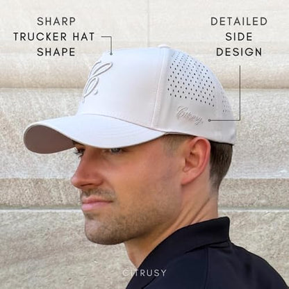 CITRUSY Athletic Trucker Golf Hat | Performance Mens 5 Panel Cap | Cool Breathable Waterproof Workout Running Snapback - color: Signature C. | Sandstone
