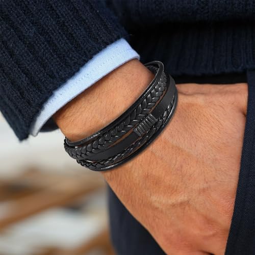 Leather Bracelet for Men Braided Stainless Steel Mens Bracelets - color: Black-BlackBuckle