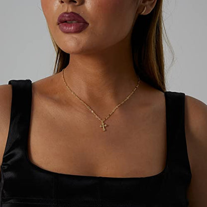 VIROMY Gold Cross Necklace for Women 14K Gold Plated Cute Sidways Cross Pendant Choker Necklaces Simple Trendy Everyday Jewelry for Women - style: Tiny Lace Chain Cross-38CM-Gold
