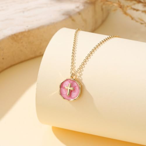 Gold Enamel Mini Cross Necklace Tiny Mother of Pearl Cross Necklace Religious Christian Gift for Baptism First Communion Christmas - color: bless this girl cross necklace-pink