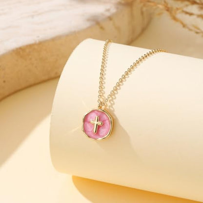 Gold Enamel Mini Cross Necklace Tiny Mother of Pearl Cross Necklace Religious Christian Gift for Baptism First Communion Christmas - color: bless this girl cross necklace-pink