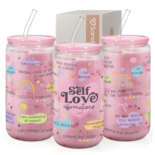 SANDJEST Inspiration Glass Can, Self Love Iced Coffee Aesthetic Cup, Gifts for Christmas Birthday, Gift for Women Girls, 16oz - color: Inspiration 3