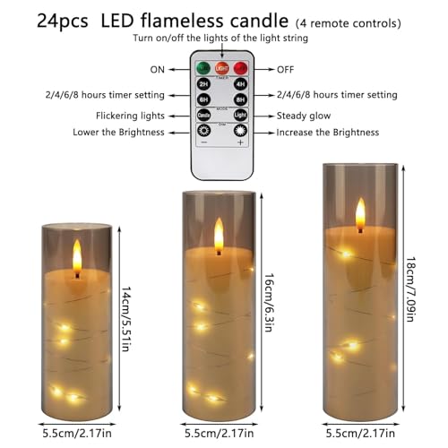 24-Pack Gray Flameless Candles with Remote Control, Battery-Powered LED Candles with Embedded Star String Lights & Realistic Flickering Flame. with Timer for Christmas, Home, Wedding, Fireplace Mantle - color: 24String-Grey