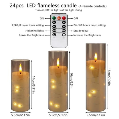 24-Pack Gray Flameless Candles with Remote Control, Battery-Powered LED Candles with Embedded Star String Lights & Realistic Flickering Flame. with Timer for Christmas, Home, Wedding, Fireplace Mantle - color: 24String-Grey