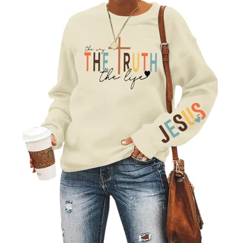 Tuislay Christian Sweatshirt Womens Jesus God Pullover Bible Verse Crewneck Sweatshirts Religious Cross Graphic Shirts - color: Apricot, size: X-Large