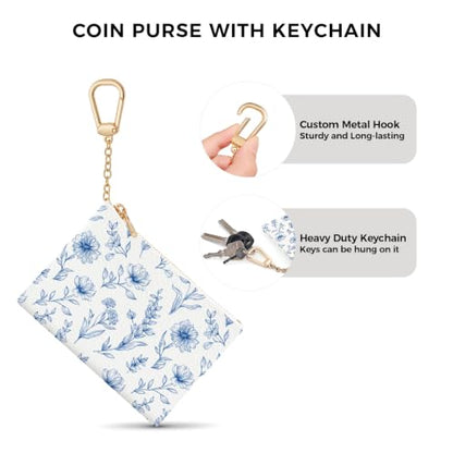 Blue Flower Keychain Coin Purse for Women, Small Change Pouch - color: Abstract Blue Flower