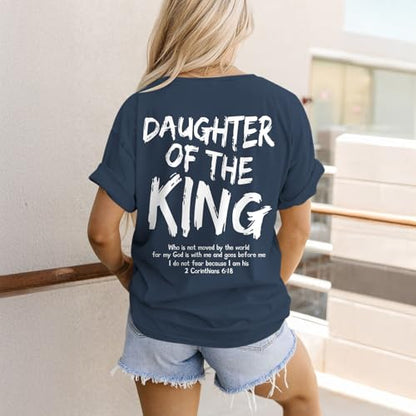 Daughter of The King Christian Shirts for Women Bible Verse Graphic Tees Shirt Jesus Inspirational Religious T-Shirt - color: Navy Blue, size: Large