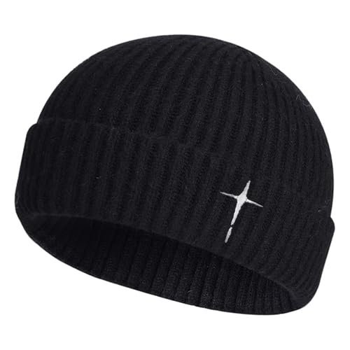 Men's Knitted Skull Cap Cross Embroidered Fisherman Beanie - color: Black